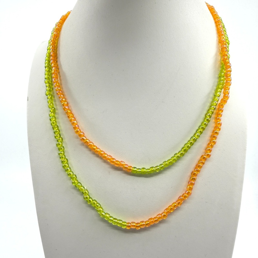 Y2K Neon Green & Orange Beaded Necklace - Boho Layering Festival Jewelry